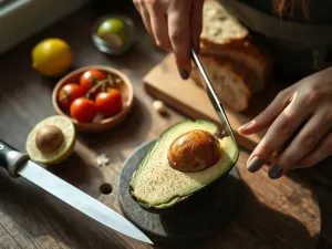 Radosne dziecko siedzące przy stole kuchennym i trzymające w dłoni świeżą pieczarkę.