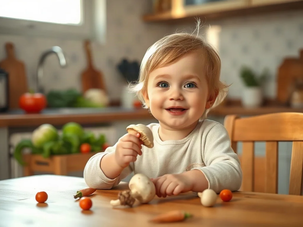 Radosne dziecko siedzące przy stole kuchennym i trzymające w dłoni świeżą pieczarkę.