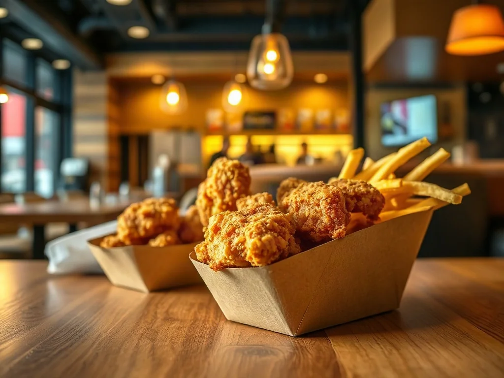 Złociste kawałki kurczaka w pudełku oraz frytki podane na drewnianym stole w restauracji McDonald's.