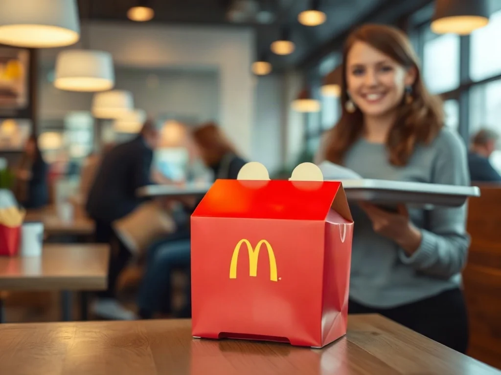 Czerwone pudełko zestawu Happy Meal na drewnianym stole w restauracji McDonald's.
