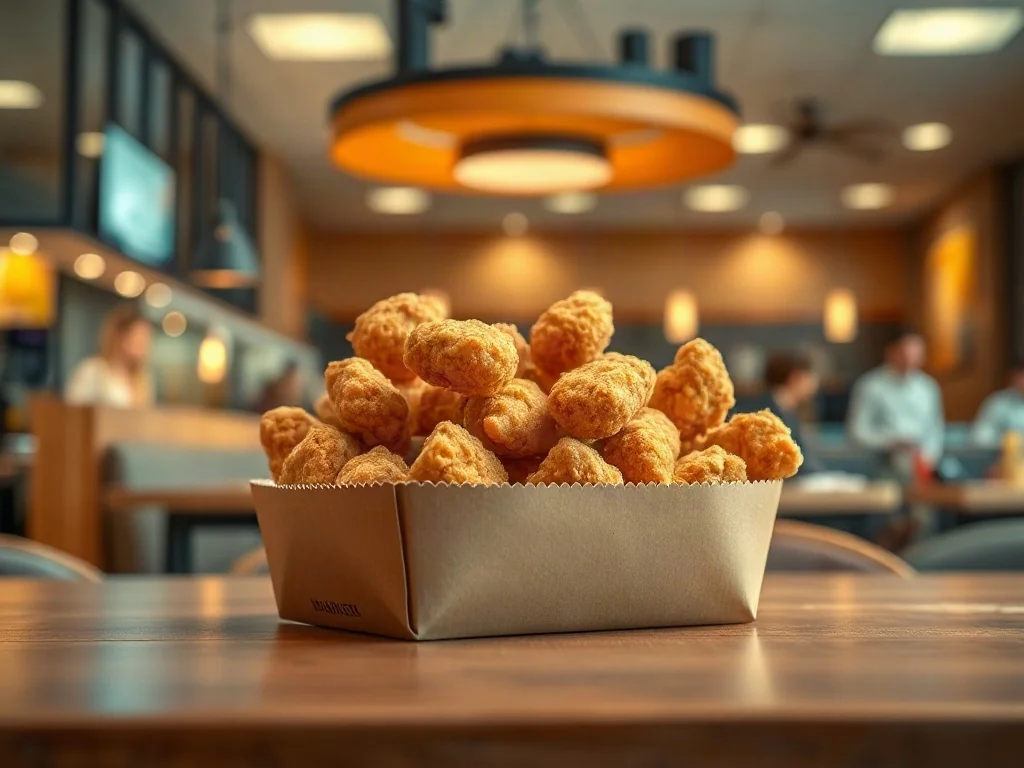 Złociste, chrupiące nuggetsy w kartonowym pudełku na drewnianym stole wewnątrz restauracji McDonald's.