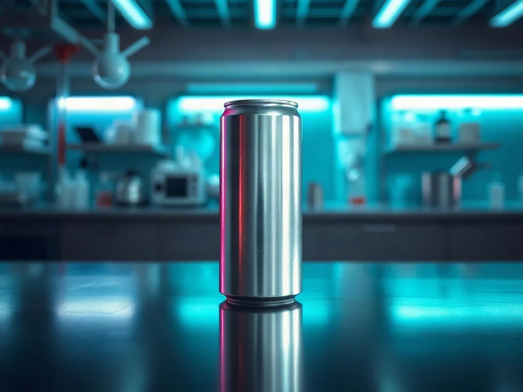Nowoczesna puszka napoju energetycznego na ciemnym tle w otoczeniu neonowych świateł, podkreślająca dynamiczny charakter.