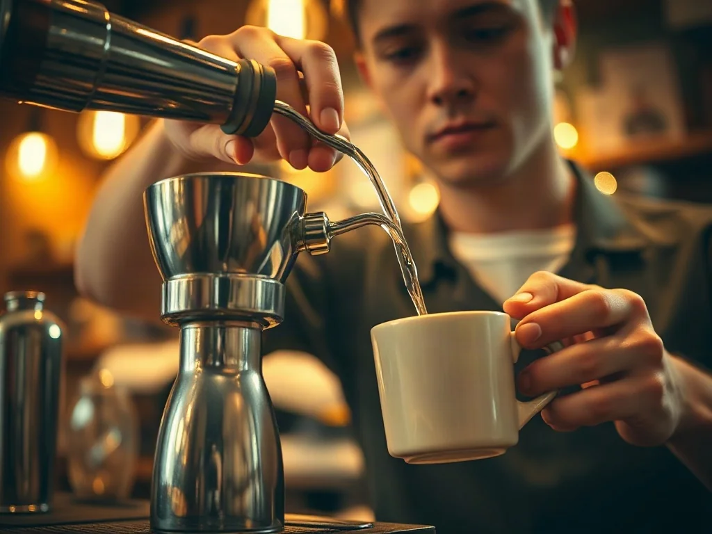 Barista przygotowuje americano, dolewając gorącą wodę do świeżo zaparzonego espresso w przytulnej kawiarni.