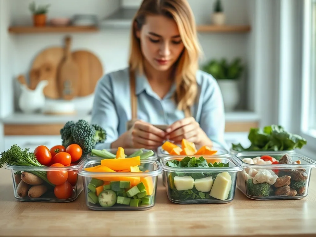 Kobieta przygotowuje zdrowe posiłki w pojemnikach na drewnianym stole, co ilustruje planowanie diety 1600 kcal.